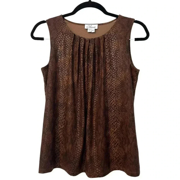 Chaus Women's Brown Snake‎ Skin Pattern Textured Pleated Neck Sleeveless Top PS - Picture 1 of 3